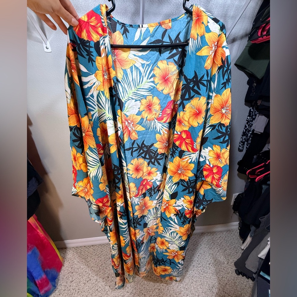 Hibiscus Floral Kimono Cover Up Blue Orange Tropical Beach Resort XL